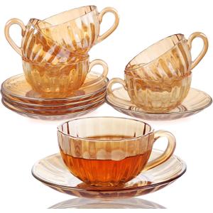Glass Tea Cups and Saucers Set of 6, Glass Coffee Mugs with Stainless Steel Spoon, Dishwasher & Microwave Safe Teacups for Espresso Cappuccino Latte Tea Juice, 6OZ/180ML, Amber