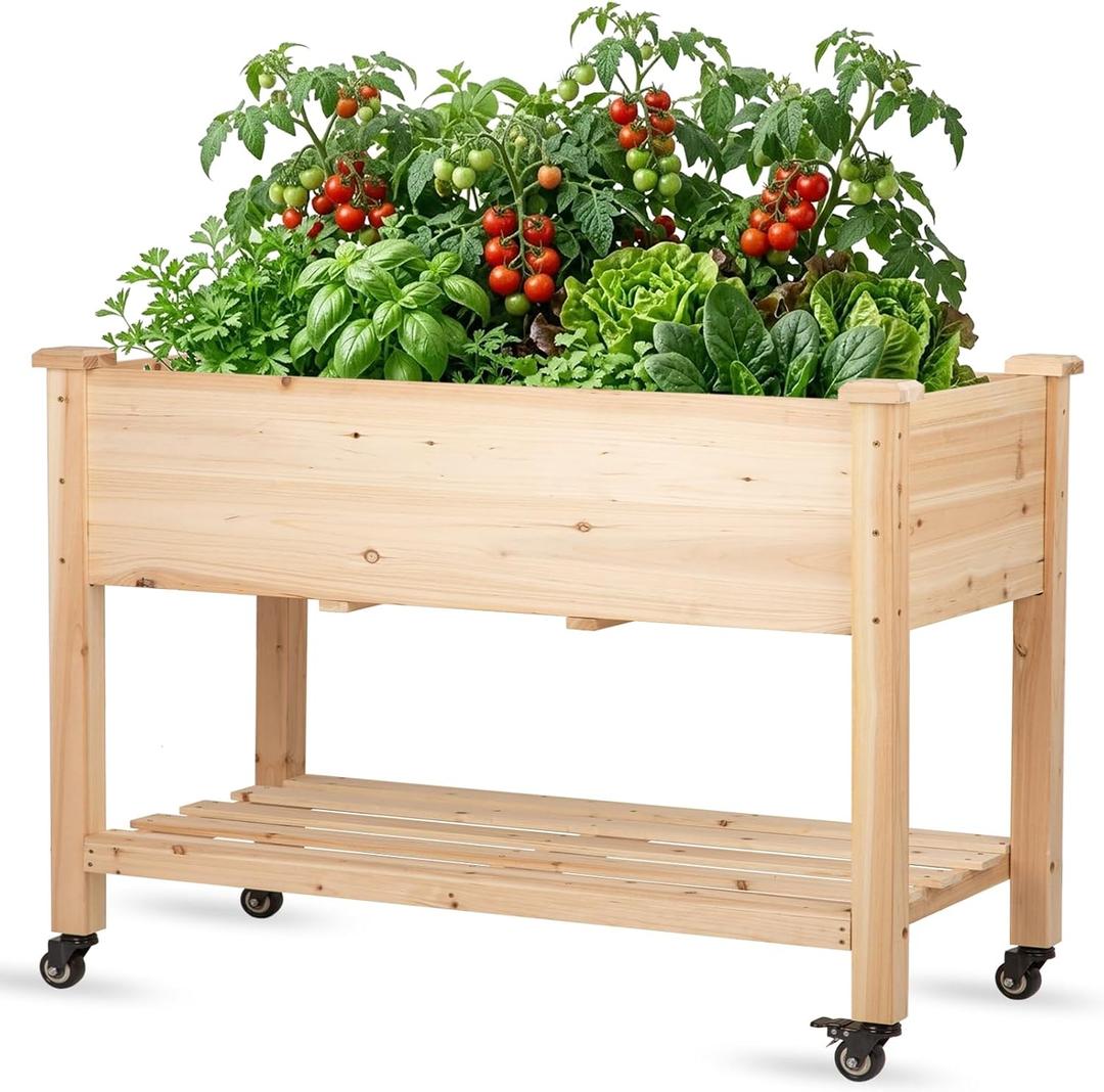Raised Garden Bed with Lockable Wheels, 48x24x32 inch Elevated Wood Planter with Storage Shelf Protective Liner for Vegetable Flower Herb Outdoor Balcony Patio Backyard, Natural, 48x24x30 in