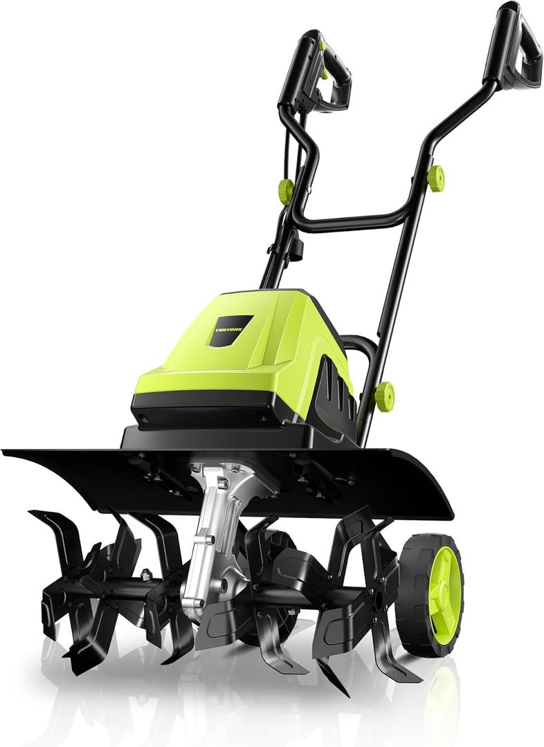 Electric Tiller, YERYORK 15-Amp 18-Inch Width 9-Inch Depth Corded Tiller Cultivator 24 Durable Steel Tines Gardening Tiller with Adjustable Wheels Foldable Handle for Easy Soil Cultivation