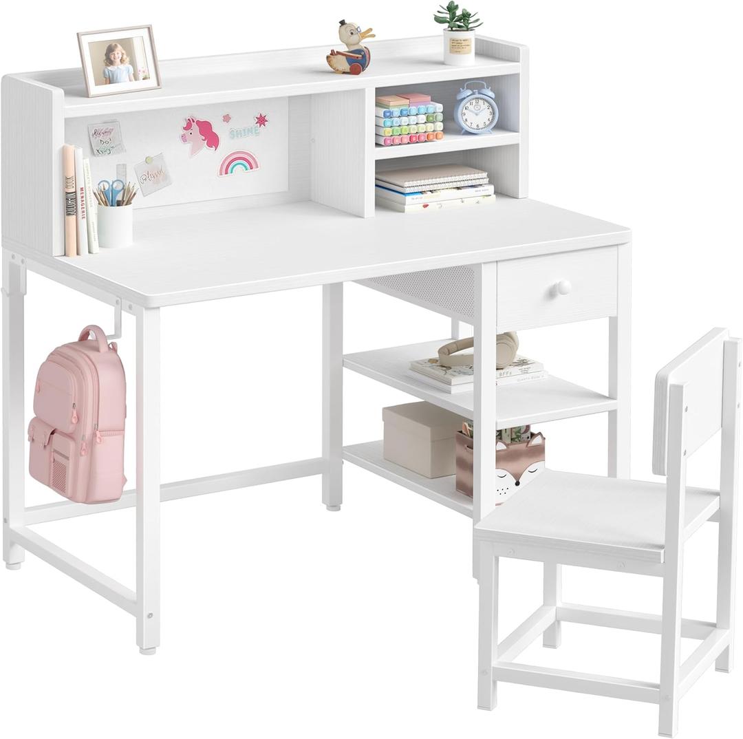 White Kids Desk and Chair Set for 6-12 Year Old, Children Study Desk with Hutch and Storage Shelf, Student Writing Table with Fabric Drawer for Girls Boys