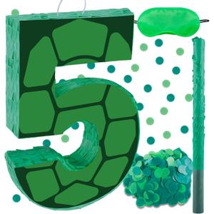 16 Inch Turtle Number 5 Pinata, Turtle Birthday Decorations, Turtle Theme Pinata with 16 Inch Stick Blindfold Confetti for Boy Girl Kids 5th Birthday Party Supplies(5th)
