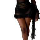 Symina Women's Sexy Halter Mini Dress Criss Cross Mesh See Through Ruffle Trim Fringe Beach Dresses Cocktail Club (Black), M