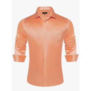 DiBanGu Mens Long Sleeve Button Down Shirt,Satin Shiny Dress Shirt for Men Solid Regular Fit Shirts with Pocket Wedding Party, Rust Orange, Size M