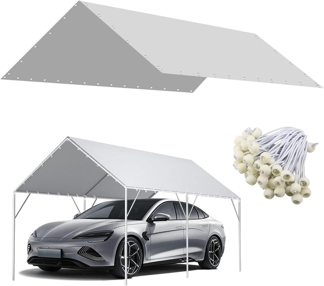 12 x 20 Ft Carport Replacement Canopy Cover Garage Top Tent Shelter Tarp,200G Heavy Duty Car Port Canopy Tent,Grey Waterproof and UV Protected Tarp with 50 Ball Bungees (Frame Not Include)
