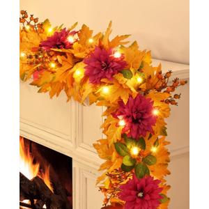 Fall Garland for Mantle, 5.9 FT Fall Garland with Lights Artificial Dahlia Flowers Maple Leaves Berries, Fall Decorations for Home Front Door Fireplace Mantel Thanksgiving Decor (1 Pack)