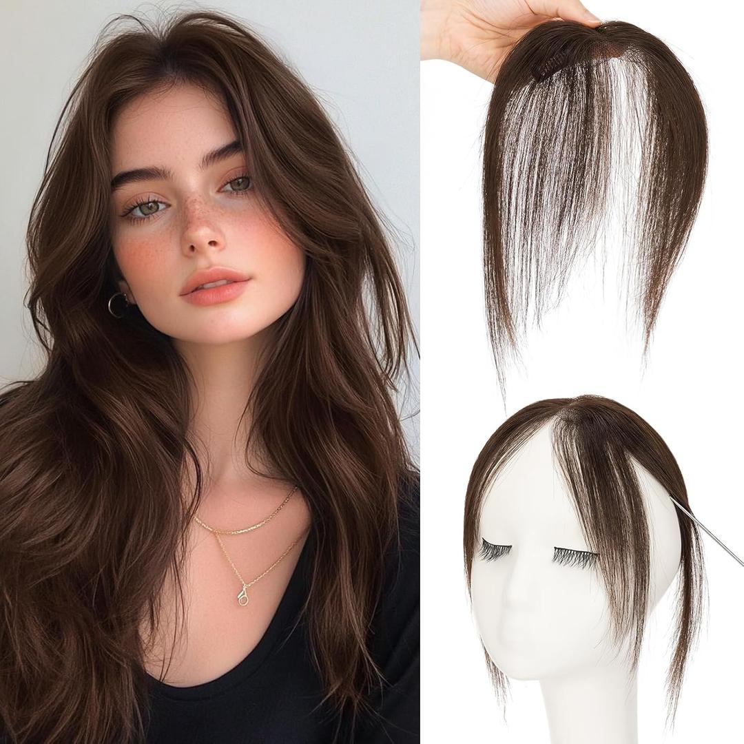 S-noilite Dark Brown Bangs Hair Clip,Middle Part Clip in Bangs Human Hair Natural Curtain Fringe with Temples Hairpieces for Women Clip on Bangs Daily Wear