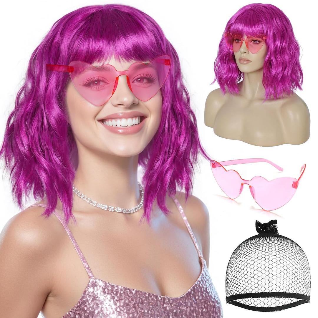 ANOGOL+Hair Cap+Heart-shaped Glasses Fuchsia Bob Wig with Bangs Pink Wavy Shoulder Length Wig Neon Pink Bob Wigs Womens Colorful Bob Wigs for Daily Wear Halloween Party Bachelorette Music Party