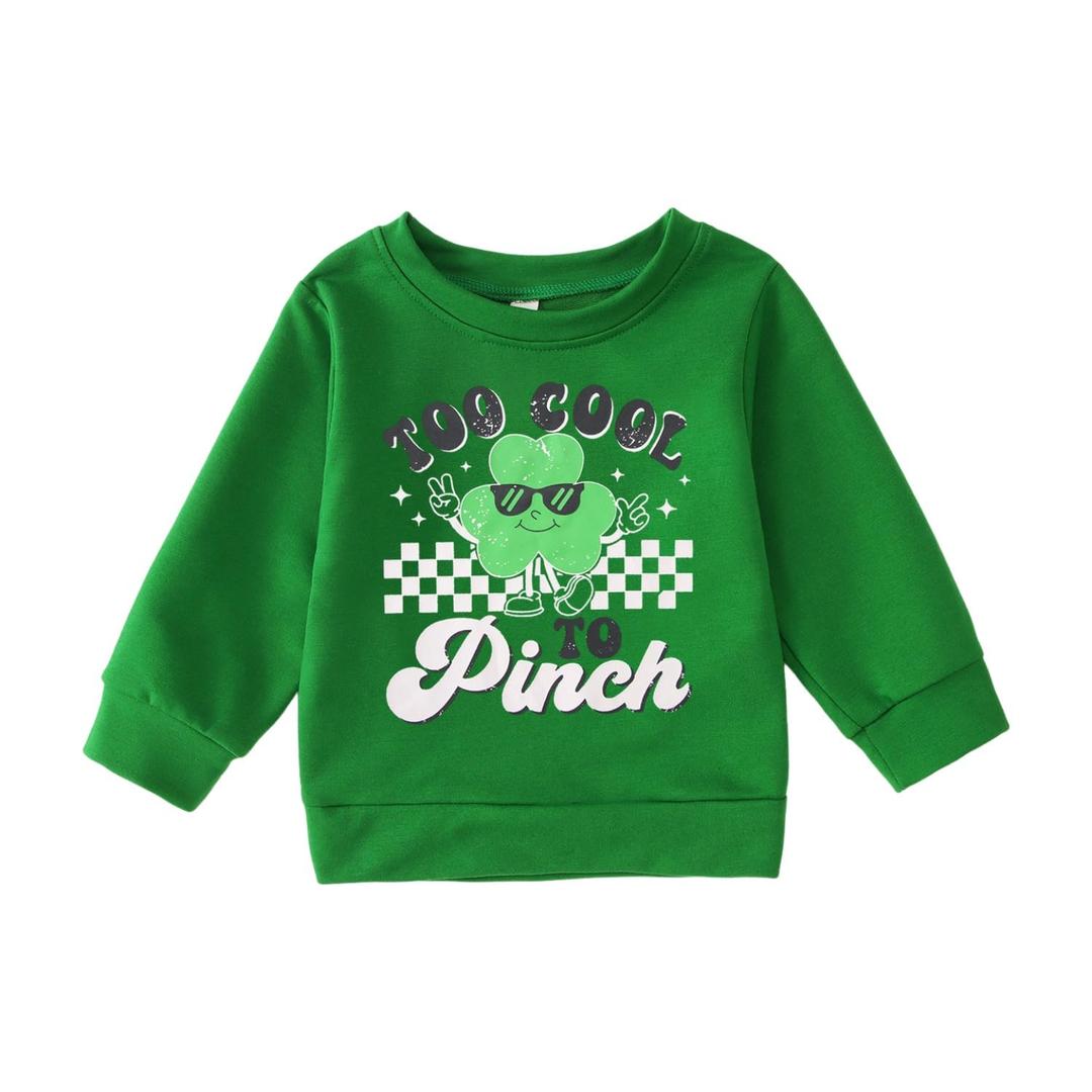 Ritatte Toddler St. Patricks Day Shirts for Boys Funny Too Cool to Pinch Letter Sweatshirt Lucky Shamrock Fall Pullover Tops(Green,5-6T(120))