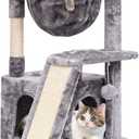 SYANDLVY Cat Tree for Indoor Cats Large Adult, Modern Activity Tower with Scratching Posts & Board, Condo with Plush Perch, Climbing Stand with Cradle & Hanging Ball for Play, Light Grey