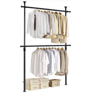 PRINCE HANGER Heavy Duty One Touch System Load 352LBS Clothing Racks for Hanging Clothes Metal Wardrobe Closet System Garment Tension Rod Free Standing Black Width Adjustable PHUS-0022