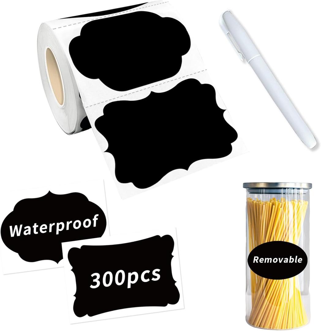 Starboling Chalkboard Labels,300 Pcs 2.4x1.6inch Irregular Labels Chalk Stickers with White Chalk Marker, Reusable Waterproof Blackboard Stickers, for Jars, Bottles, Storage Bins