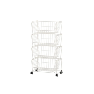 PUSDON Stackable Metal Storage Carts, Dual Use Shelf for Kitchen Fruit Vegetable Baskets with Wheels, Storage Rack for Living Room, Home & Office, Standard White 4 Tiers