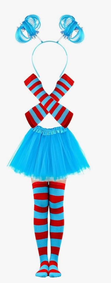 Mototo 5 PCS Tulle Tutu Costume Accessories Set, Blue 3 Layered Tulle Tutu Skirt Striped Socks Headband Gloves For Halloween