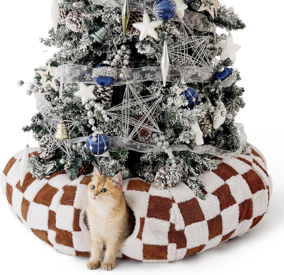 Lesure Cat Tunnel Bed for Indoor Cats - Cute Cat Donut Tunnel Toys for Small Large Cats with Washable Circle Cushion, Round Pet Peekaboo Cave Toy for Kitten/Puppy/Rabbit, Standard Brown Checks