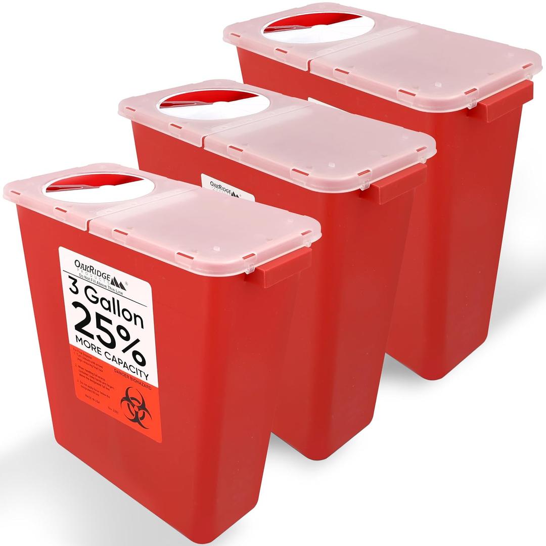 Large Sharps Container for Home Use and Professional 3 Gallon (3-Pack) with Rotating lid, Biohazard Needle and Syringe Disposal, CDC Certified