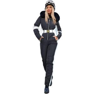 Zwurew Womens Winter Ski Suit Outdoor Sports Waterproof Snowsuit Fur Collar Ski Jumpsuit Coat (X-Large, 01 Black)