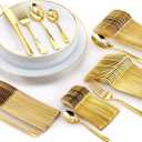 Trendables 120 Piece White And Gold Rimmed Elegant Premium Quality China Like Disposable Wedding Dinner Plates And Cutlery Set Including Forks Knives Spoons and Tea Spoons For 20 Guests