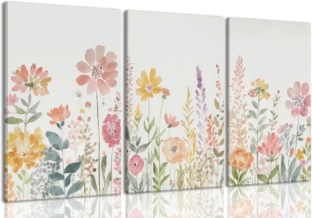 ZQARTZZQ Framed Colorful Wildflower Canvas Wall Art, Floral Wall Art, Watercolor Flower Wall Decor Flowers Pictures Prints Floral Painting Set of 3 for Living Room Girls Bedroom Bathroom 12x16in