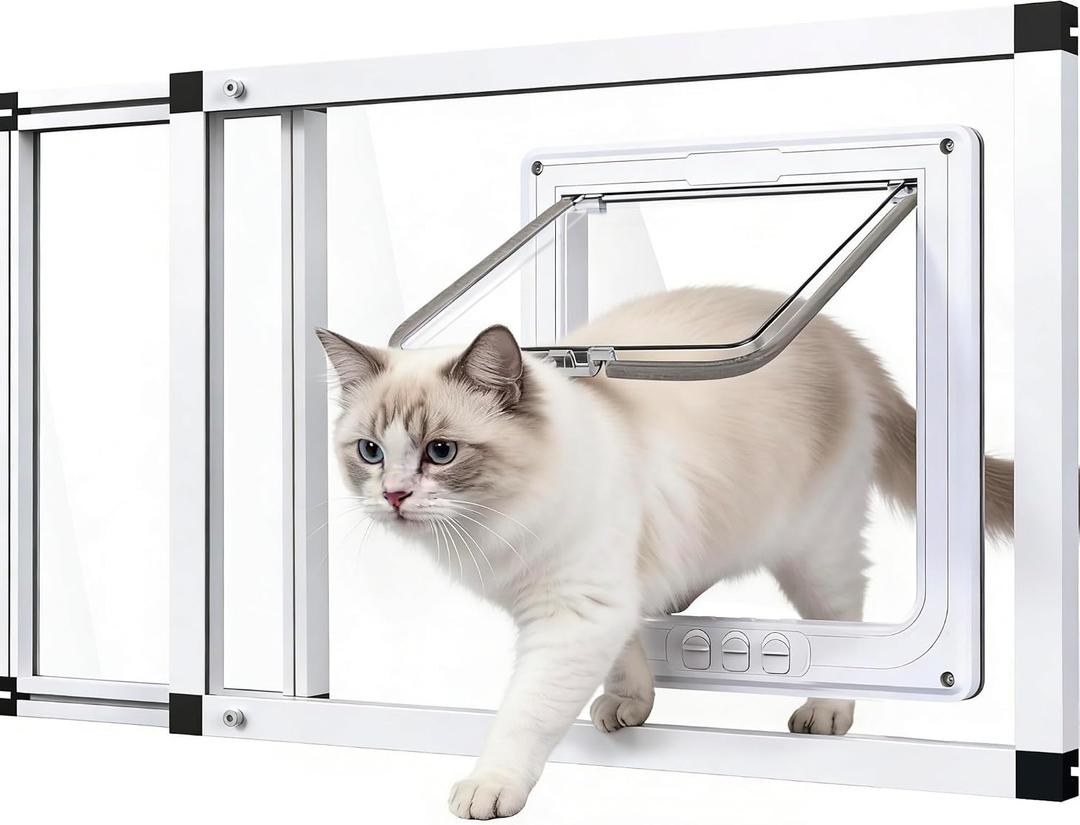 Full Glass Cat Door for Window,22"-28.5" Adjustable Width,1-Min Install | 4 Locking Modes,Aluminum Frame,HD Glass,Magnetic Closure,Weatherproof Sliding Pet Door Window Insert for Cats, Fit 22"-28.5" Window