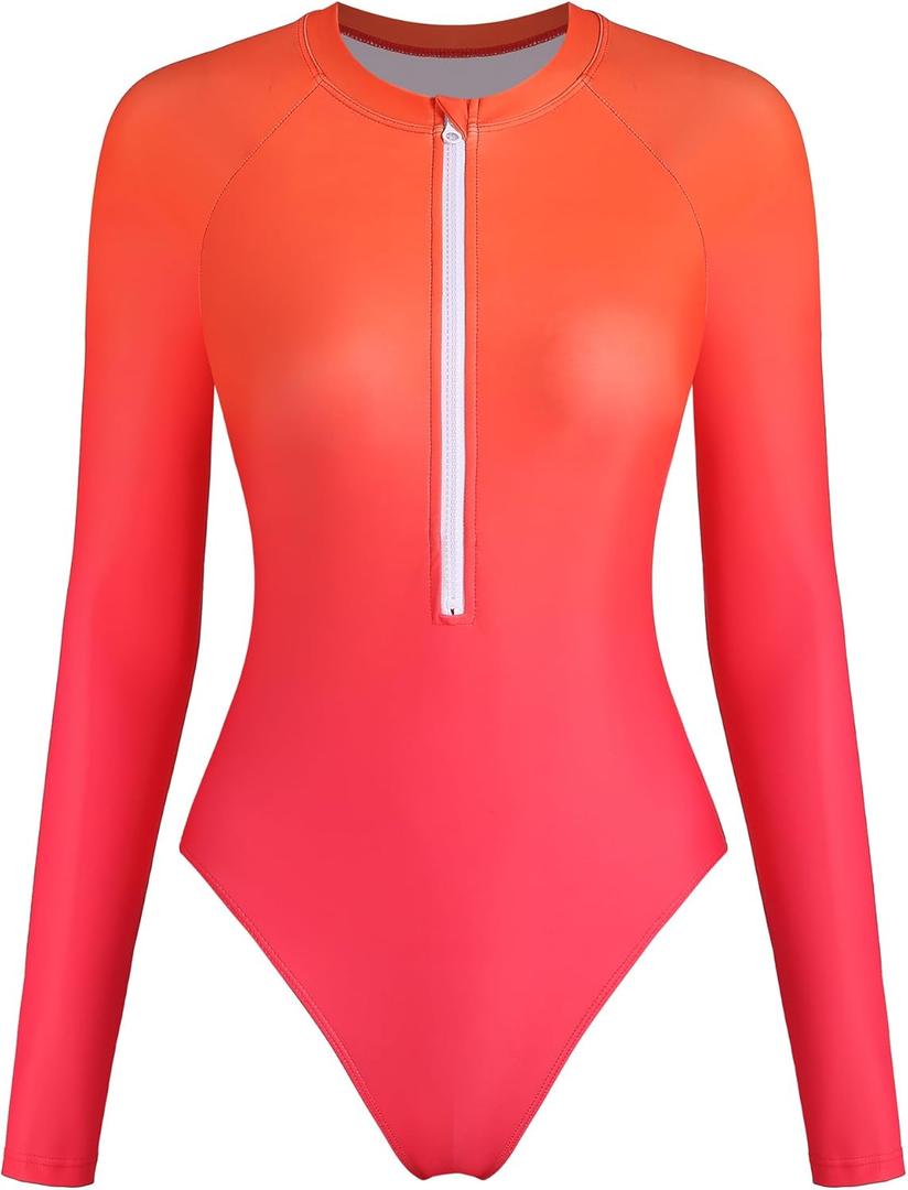 ZAFUL Women's Long Sleeve Rash Guard Swimsuit One Piece Zipper Surfing Bathing Suit (Ombre Red), Small