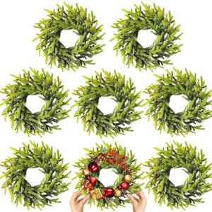 8 Pcs Christmas DIY Gree Wreath 10 Inch Green Artificial Wreaths DIY Faux Plain Wreaths Front Door Green Farmhouse Cabinets Wreath Indoor Outdoor Wall Decor(Pine Needle)