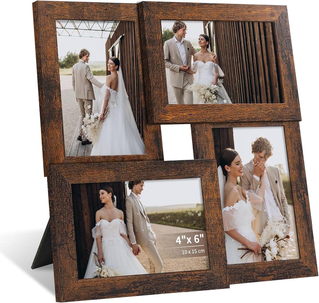 4x6 Collage Picture Frame with Real Glass, 4 Opening Wooden Photo Collage Frame with Stand, Family Multi Picture Frame for Wall or Tabletop Display, 4 Photo Gallery Frame for Home Decor, Rustic Brown