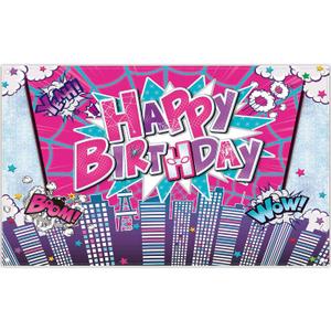 72x43inch Fabric Spider Superhero Happy Birthday Backdrop Pink for Girl Women Comics City Photography Background Party Decorations Cityscape Photo Banner Props