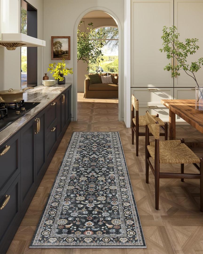 Washable Runners for Hallways Kitchen Rug: 2'x6' Runner Rugs Stain Resistant Non Slip Low Pile Boho Carpet Runners for Hallways Bedroom Entryway Indoor Beside Bathroom Laundry Room (Black)