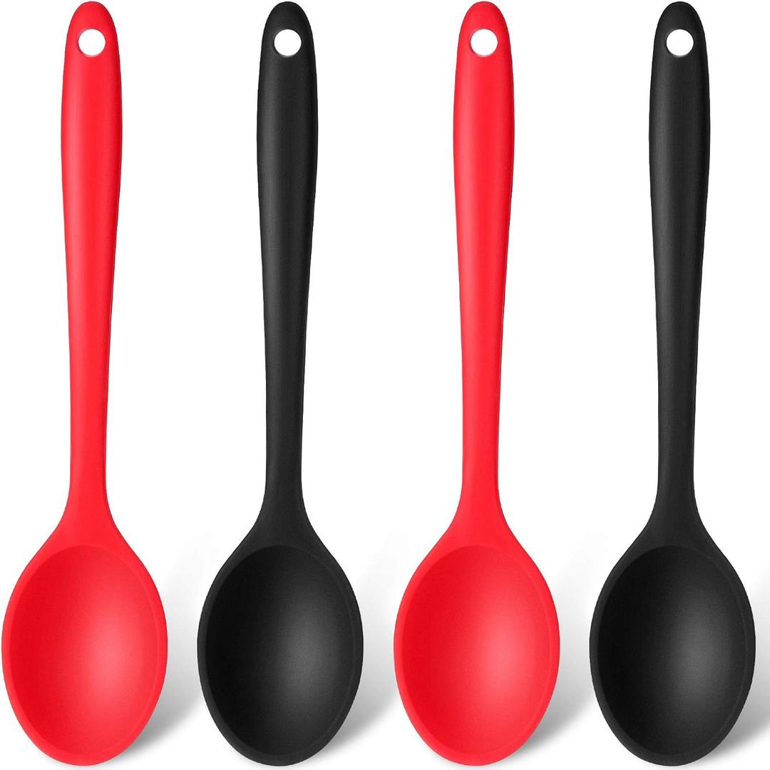 Patelai 4 Pieces Small Multicolored Silicone Spoons Silicone Serving Stirring Spoon for Kitchen Nonstick Cooking Baking Stirring Mixing Tools(Red, Black)