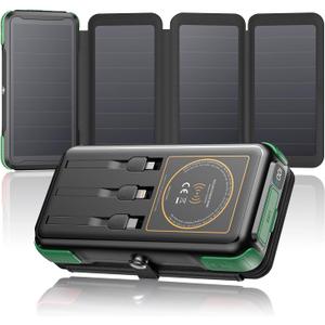 SOARAISE Solar Charger 25000mAh/92500mWh Wireless Portable Charger, 20W Fast Charging Power Bank with Built-in 3 Cables, PD QC 3.0 Phone Battery Pack with 4 Solar Panels & Flashlights for Camping