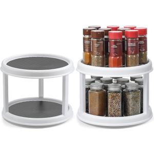 2 Pack, 2 Tier 10" Turntable Lazy Susan Spice Organizer  Rotating Seasoning Rack Spinner for Pantry Cabinet Kitchen Countertop, Table Top Organizing  Multiuse Two Tier Rotating Organization Rack
