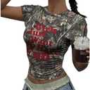 COZYEASE Women's Camo Y2K Graphic Short Sleeve Crop Fitted T-Shirts Letter Print Tee Going Out Tops, XL