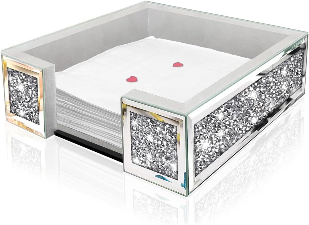 Wocred Flat Mirror Napkin Holder for Bathroom Vanity,Crystal Crushed Diamond Guest Towel Holder,Cute Napkin Tray for Kitchen,Dining table,Guest Bathroom.(8.1X8.1X2.6)