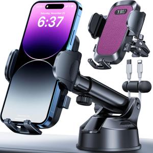 YRU [True Upgrade for Safety] Car Phone Holder Mount [Patent & MilitaryGrade] Dashboard Cell Phone Holder for Car Vent Windshield Phone Stand for iPhone 17 16 15 14 13 Pro Max Truck Samsung, Black