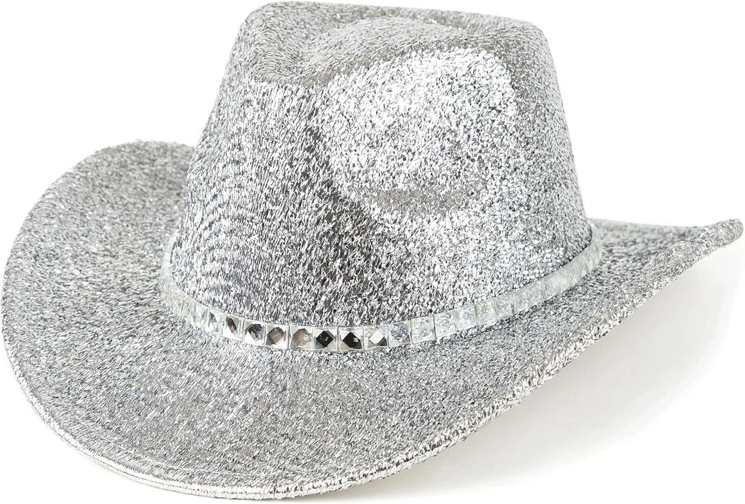 Men & Women Cowboy Hat Western Style Glitter Cosplay Party Costume Hats (Silver, S)