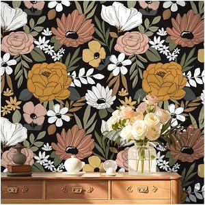 Floralplus Peel and Stick Wallpaper Black Floral Wallpaper Removable Renter Friendly Vintage Wallpapers for Bedroom Textured Stick On Contact Paper for Kitchen Home Decor 17.5 x 118 in