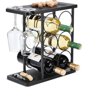 ALLCENER Modern Rack Countertop, Matte Black 6 Bottle Rack with Glass Holder, Metal Holder Stand with Shelf & Corkscrew Tray for Home Bar & Kitchen
