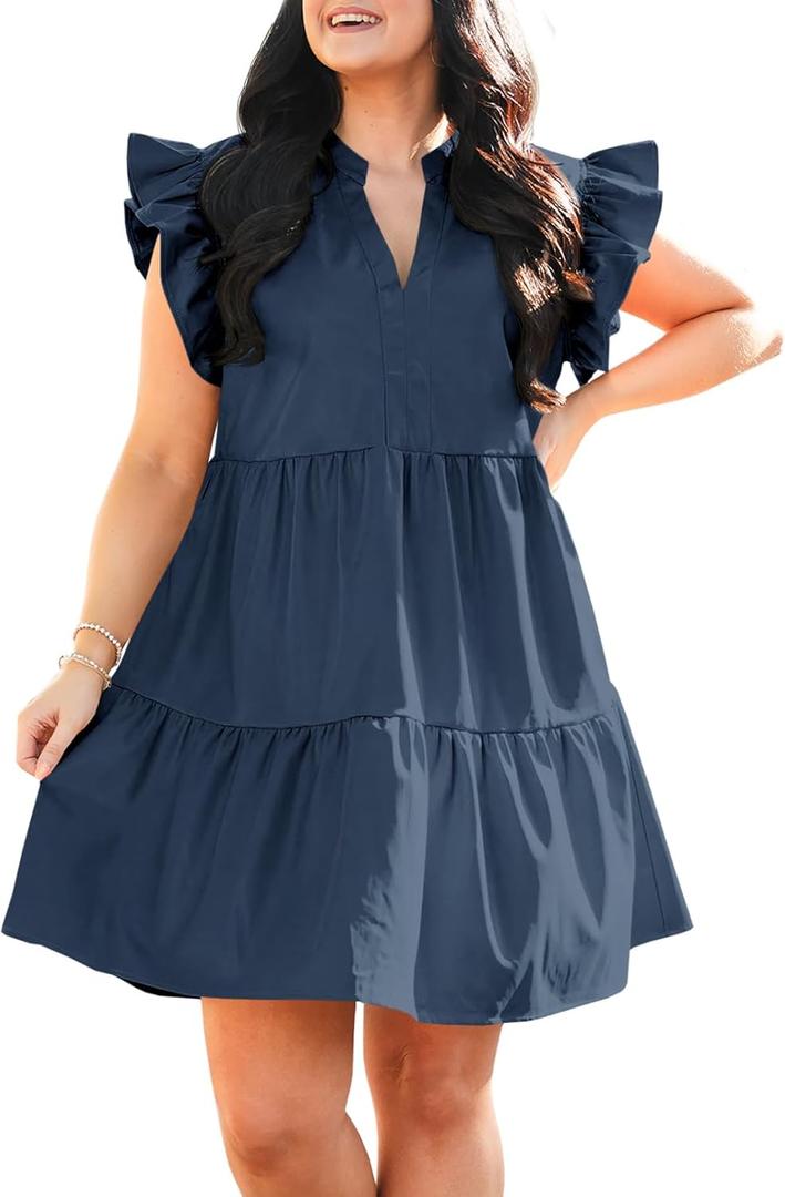 Fisoew Plus Size Dresses for Women Summer Ruffle Short Sleeve V Neck Dress Tiered Swing A Line Babydoll Mini Dress XXL