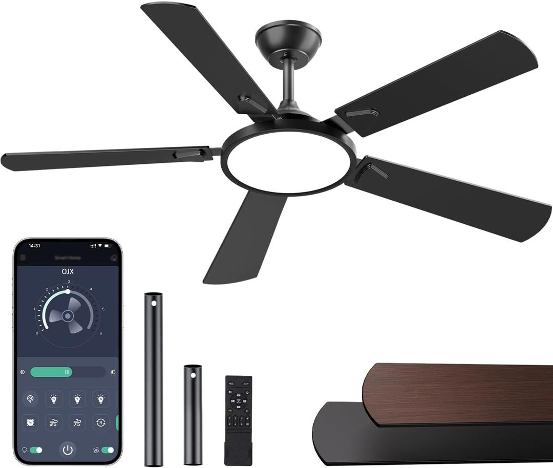 OJX Ceiling Fans with Lights, 52 inch Ceiling fan with Light and Remote/APP Control, 3CCT, Quiet DC Reversible, Dimmable, Modern Ceiling Fan for Bedroom, Living Room, Kitchen, Indoor/Outdoor Use (Black)
