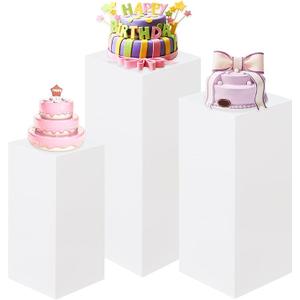 HAISIWLKJ 3PCS Square Pedestal Stands for Parties, White Metal Square Plinths Dessert Table Cube Display Pillars for Birthday Wedding Bridal Baby Shower Party Decorations(Large)