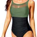 Tempt Me Women One Piece Mesh Swimsuits Tummy Control Swimwear (Large, Olive Green Black)