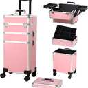 Rolling Makeup Case, Cosmetology Case on Wheels with Large Storage, Durable Design, Ideal Gift for Makeup Artists, Hairstylists, Nail Techs, Portable Beauty Organizer for Travel or Salon Use, Pink