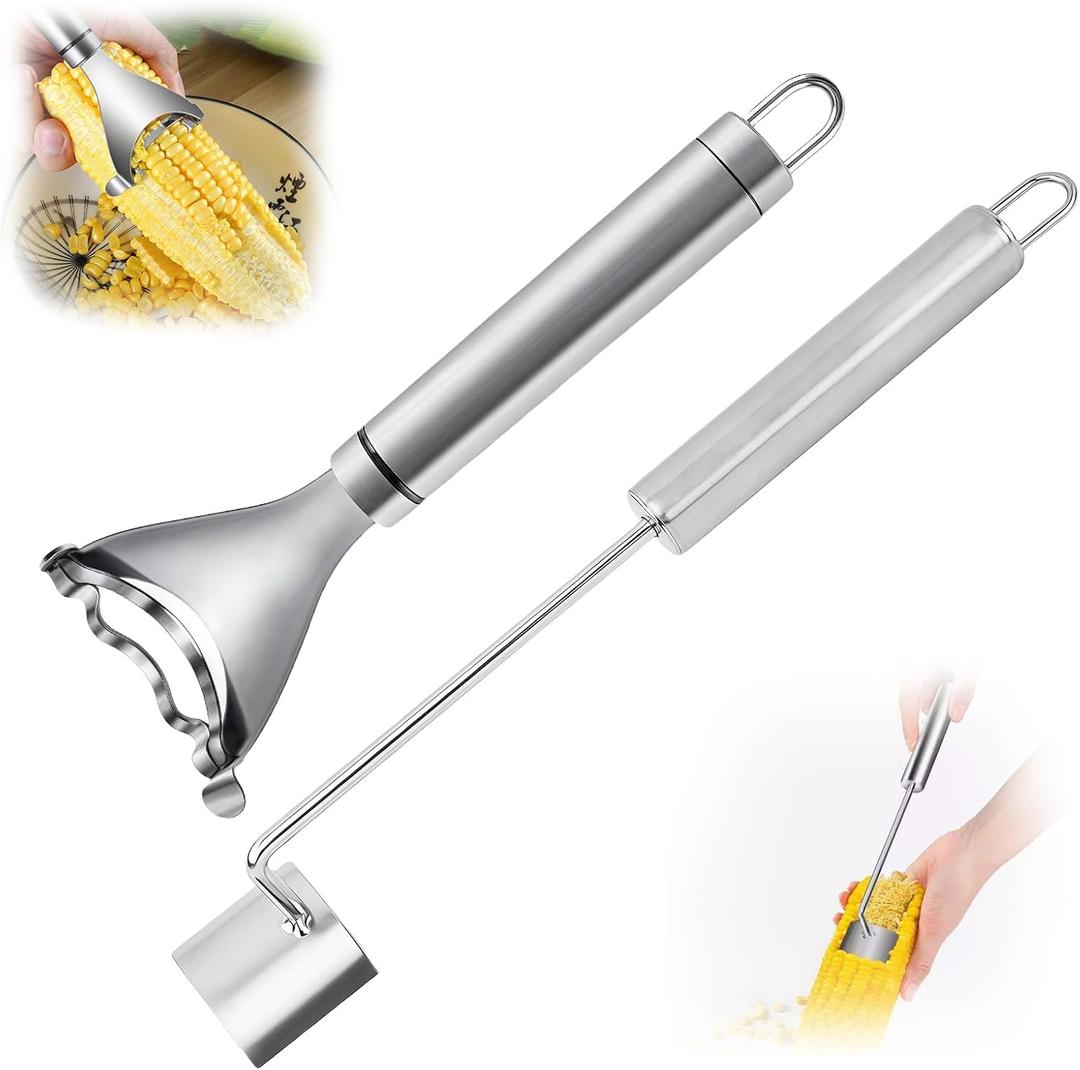 2 Pcs Stainless Steel Corn Peeler and Stripper Tool Set, Corn Stripper Cob Stripper Tool, Corn Stripper for Corn on the Cob Remover Tool Corn Thresher with Ergonomic Handle Kitchen Gadget