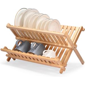 Vdomus Bamboo Dish Drying Rack - Foldable Dish Rack for Kitchen - Collapsible & Compact Wooden Plate Holder - Eco-Friendly & Functional Wood Dryer Rack for Plates - Space-Saving Storage Organizer