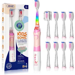 SEAGO Kids Electric Toothbrush with 2 Mins Brushing Timer and 8 Replacement Bursh Heads,Rainbow LED Light Make Brushing Fun, Pink Color Girls Battery Powerd Toothbrush for 4-12 Years Old