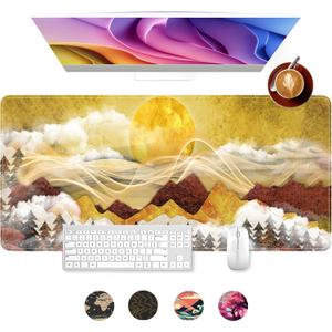 Mouse Pad, Golden Sun Mountain Groovy Forest Large Gaming Mouse Pad for Desk, Big Desk Mat with Seamed Edges, Waterproof Desk Pad, Non-Slip Rubber Base, Long Computer Mousepad, 31.5 x 11.8 Inch