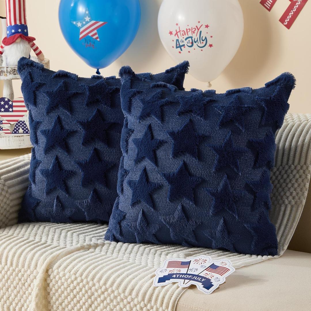 DFXSZ 4th of July Pillow Covers 20x20 inch Set of 2 4th of July Decor Blue Stars Decoration Soft Plush Faux Fur Jacquard Throw Pillows Independence Day Decorations for Bedroom Sofa Holiday PTK025A20