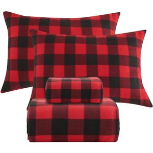Softan Christmas Fleece Sheets Full Size, Flannel Like Soft, Velvet Polar Microfleece Sheets for Winter, Red Buffalo Plaid