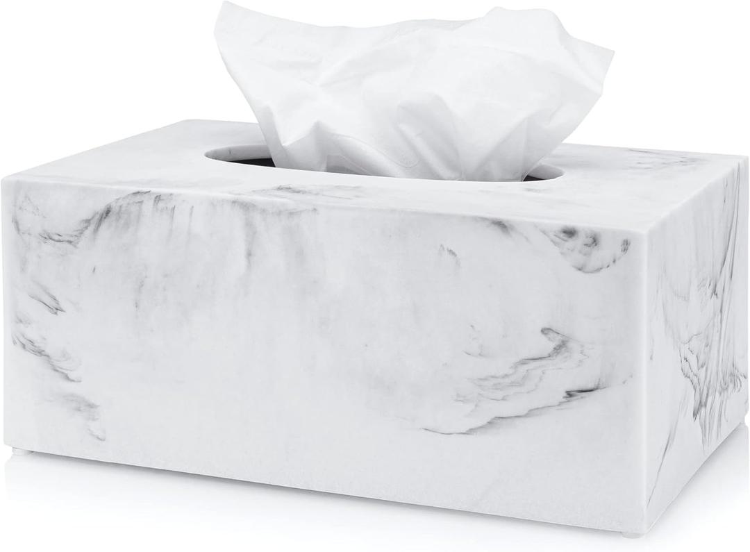 Essentra Home Rectangular Tissue Box Cover, White Marble Heavy Facial Tissue Holder – Blanc Collection