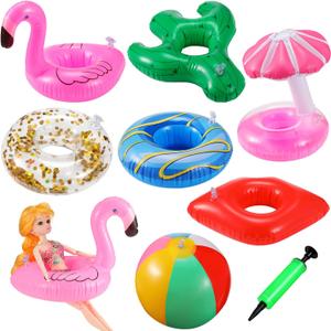 Chengu 6 Pcs Pool Floaties for Girl Dolls Swim Accessories Set Swimming Pool Floaties Party Ring Girl Dolls Cup Coasters Toys for 11.5" Swimming